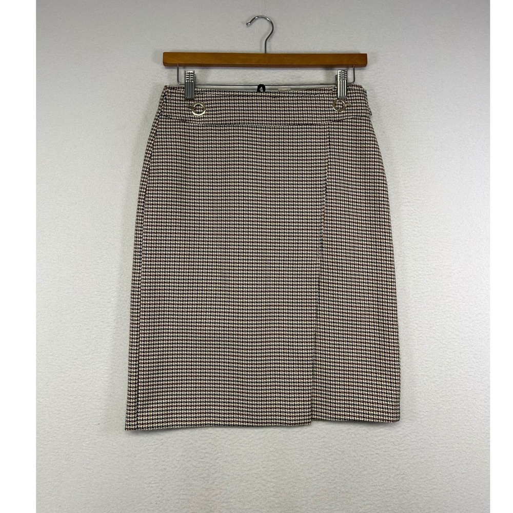 Dark Academia H&M Women 4 Brown Houndstooth Faux Wrap Pencil Skirt Gold Hardware